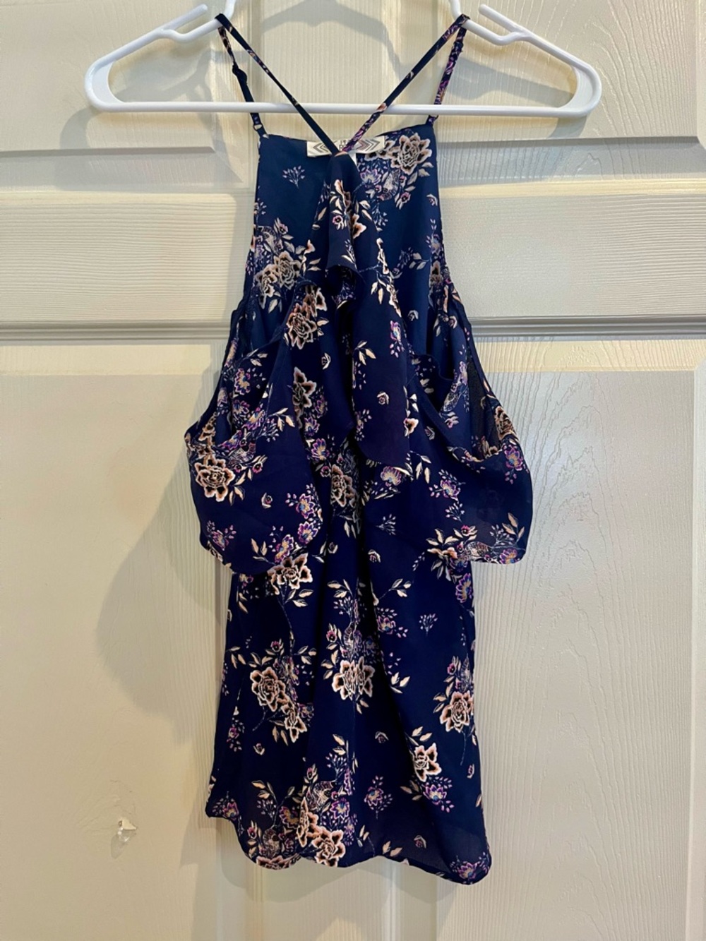PINK ROSE Navy Floral Ruffle Halter Tank